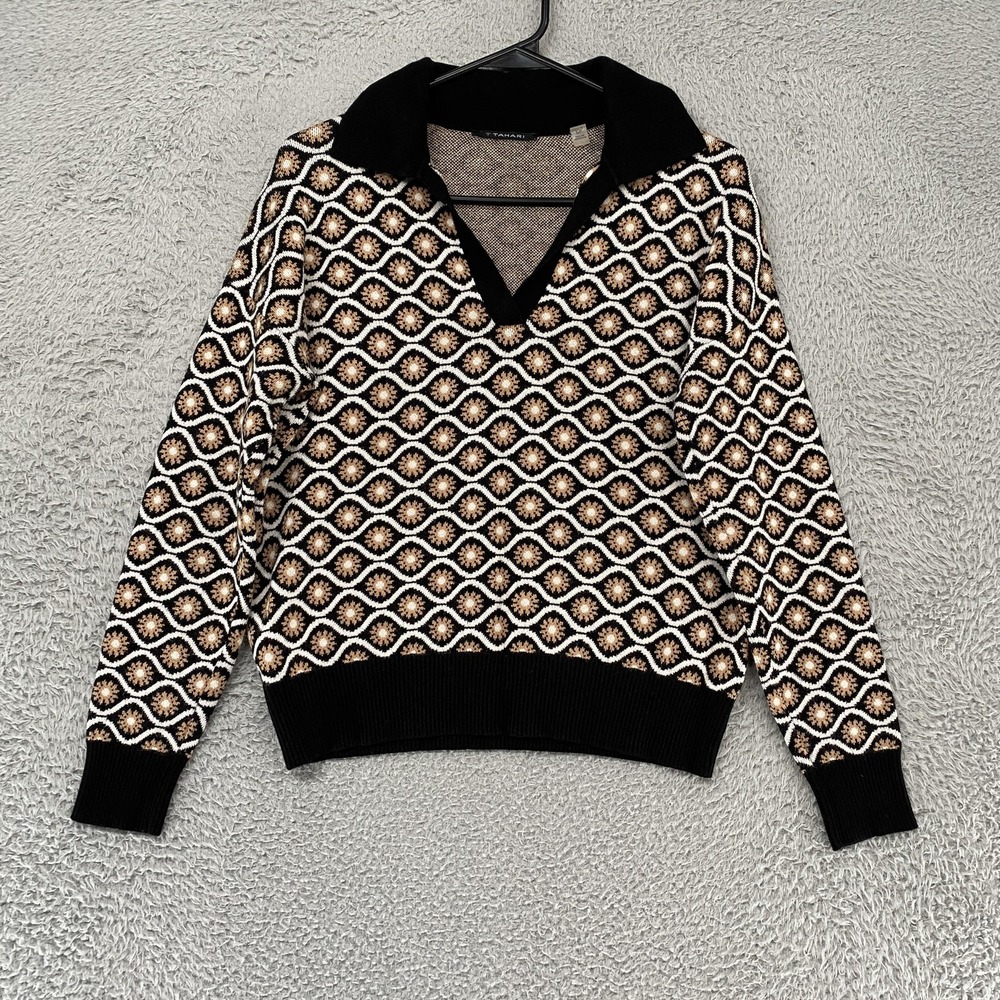 Tahari Polo Sweater Womens Small Black‎ Collared Geo Knit Retro Mod Pullover Top